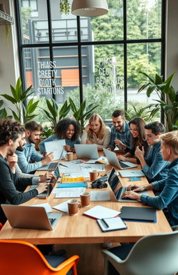An engaging scene depicting a diverse group of enthusiastic entrepreneurs gathered around a large table covered in laptops, notebooks, and coffee cups, brainstorming ideas for a new business startup
