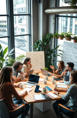 An engaging scene depicting a diverse group of enthusiastic entrepreneurs gathered around a large table covered in laptops, notebooks, and coffee cups, brainstorming ideas for a new business startup