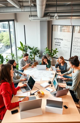 An engaging scene depicting a diverse group of enthusiastic entrepreneurs gathered around a large table covered in laptops, notebooks, and coffee cups, brainstorming ideas for a new business startup