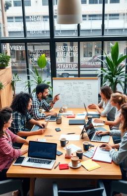 An engaging scene depicting a diverse group of enthusiastic entrepreneurs gathered around a large table covered in laptops, notebooks, and coffee cups, brainstorming ideas for a new business startup