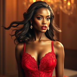 An ultra-realistic portrait of a beautiful, sexy woman with brown skin, wearing an elegant and stunning red dinner gown