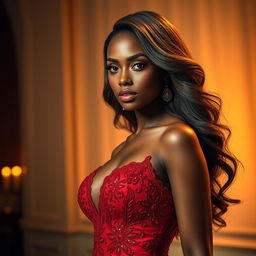 An ultra-realistic portrait of a beautiful, sexy woman with brown skin, wearing an elegant and stunning red dinner gown