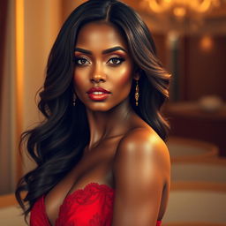 An ultra-realistic portrait of a beautiful, sexy woman with brown skin, wearing an elegant and stunning red dinner gown