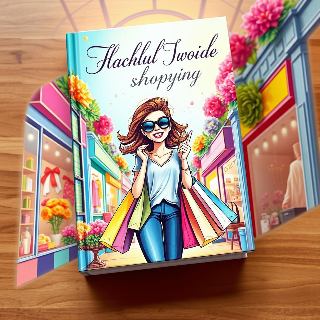 A whimsical and colorful book cover featuring a stylish and happy woman shopping in a vibrant marketplace filled with various shops