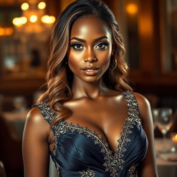 An ultra-realistic portrait of a beautiful, sexy woman with brown skin, wearing a stunning dinner gown that hugs her figure elegantly