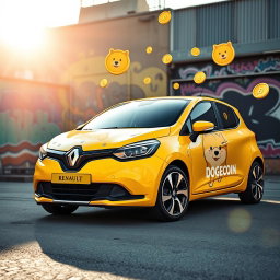 A Renault vehicle creatively wrapped in a vibrant Dogecoin-themed design, featuring the iconic Shiba Inu character and bright yellow colors throughout the car's body