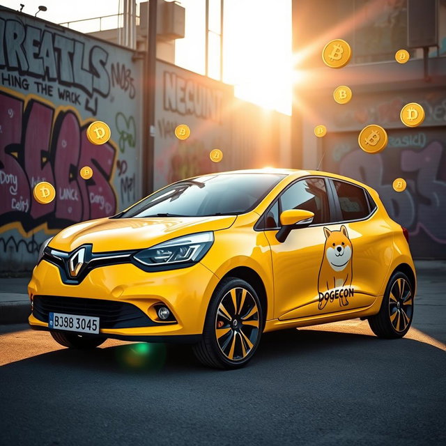 A Renault vehicle creatively wrapped in a vibrant Dogecoin-themed design, featuring the iconic Shiba Inu character and bright yellow colors throughout the car's body