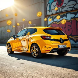 A Renault vehicle creatively wrapped in a vibrant Dogecoin-themed design, featuring the iconic Shiba Inu character and bright yellow colors throughout the car's body