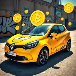 A Renault vehicle creatively wrapped in a vibrant Dogecoin-themed design, featuring the iconic Shiba Inu character and bright yellow colors throughout the car's body