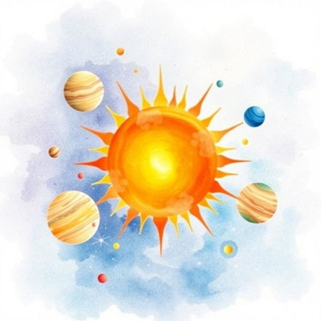 A stunning watercolor illustration of the sun at the center of the solar system, radiating warm, vibrant yellows, oranges, and reds