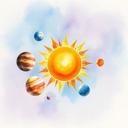 A stunning watercolor illustration of the sun at the center of the solar system, radiating warm, vibrant yellows, oranges, and reds