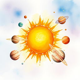A stunning watercolor illustration of the sun at the center of the solar system, radiating warm, vibrant yellows, oranges, and reds