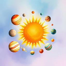 A stunning watercolor illustration of the sun at the center of the solar system, radiating warm, vibrant yellows, oranges, and reds