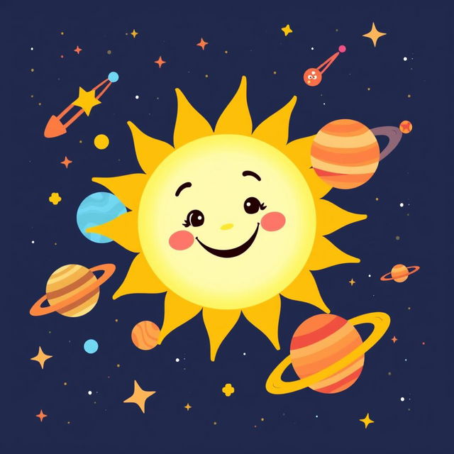 A whimsical illustration of the sun in the solar system, featuring a bright, cheerful sun character with a smiling face and cute, exaggerated features