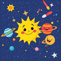 A whimsical illustration of the sun in the solar system, featuring a bright, cheerful sun character with a smiling face and cute, exaggerated features