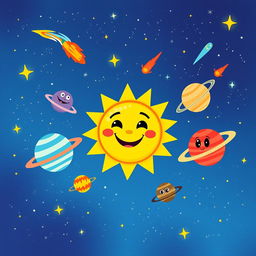 A whimsical illustration of the sun in the solar system, featuring a bright, cheerful sun character with a smiling face and cute, exaggerated features