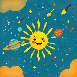 A whimsical illustration of the sun in the solar system, featuring a bright, cheerful sun character with a smiling face and cute, exaggerated features