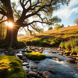 A lush, vibrant forest scene during golden hour, illuminated by warm, soft sunlight filtering through the leaves