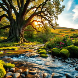 A lush, vibrant forest scene during golden hour, illuminated by warm, soft sunlight filtering through the leaves