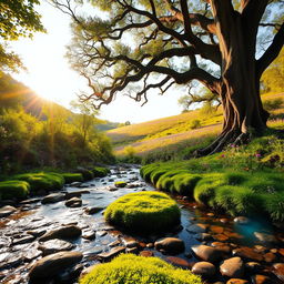 A lush, vibrant forest scene during golden hour, illuminated by warm, soft sunlight filtering through the leaves