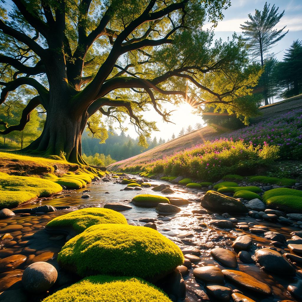 A lush, vibrant forest scene during golden hour, illuminated by warm, soft sunlight filtering through the leaves