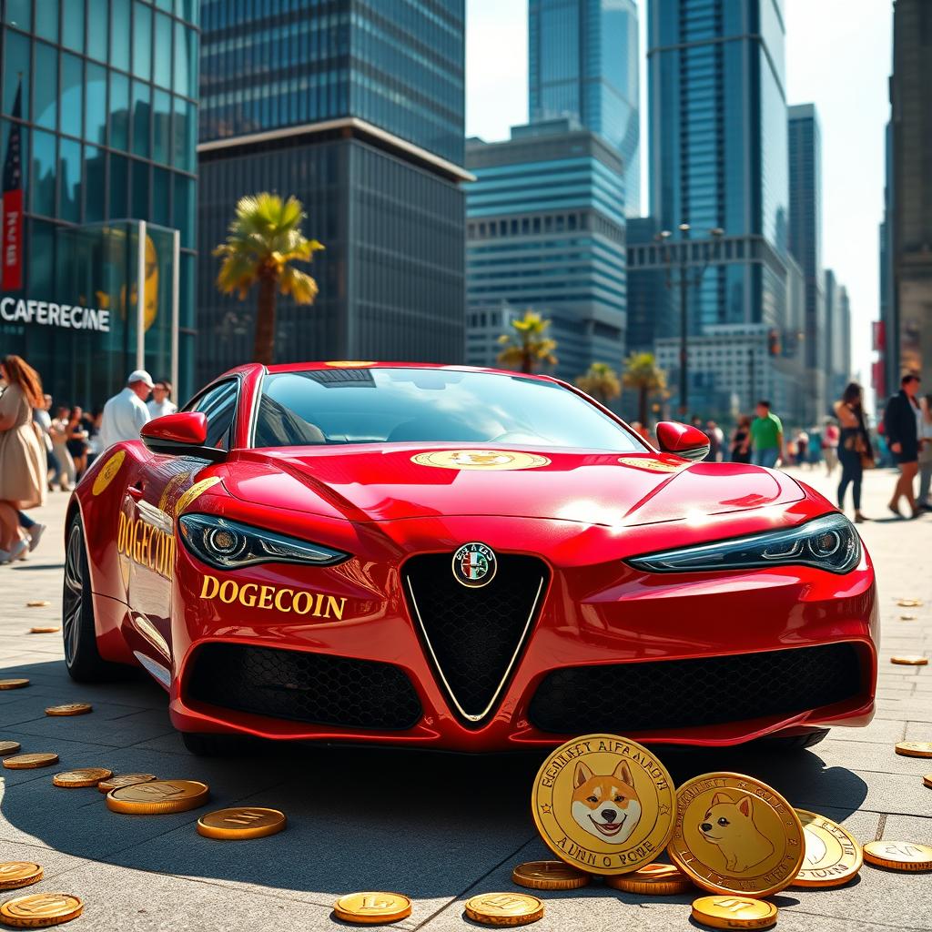 A sleek Alfa Romeo car adorned with Dogecoin logos and symbols, parked in a vibrant city plaza