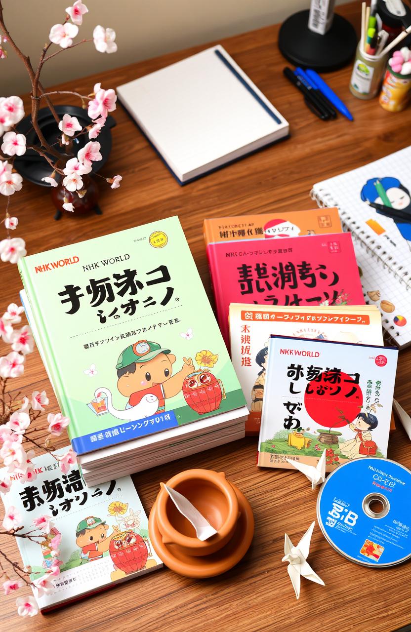 A collection of Japanese language learning materials from NHK WORLD, showcasing colorful covers and engaging illustrations
