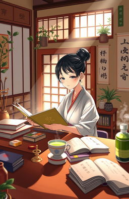 A vibrant and engaging scene depicting a cozy Japanese study environment filled with books, scrolls, and traditional artifacts