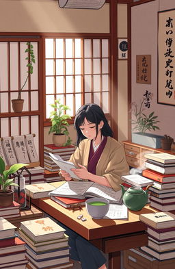 A vibrant and engaging scene depicting a cozy Japanese study environment filled with books, scrolls, and traditional artifacts