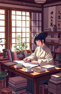 A vibrant and engaging scene depicting a cozy Japanese study environment filled with books, scrolls, and traditional artifacts