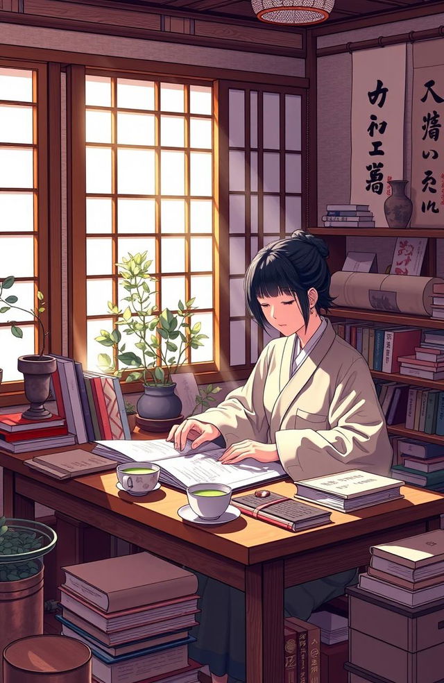 A vibrant and engaging scene depicting a cozy Japanese study environment filled with books, scrolls, and traditional artifacts