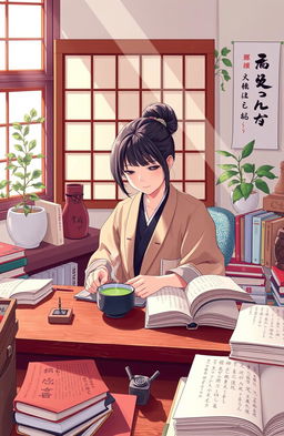 A vibrant and engaging scene depicting a cozy Japanese study environment filled with books, scrolls, and traditional artifacts