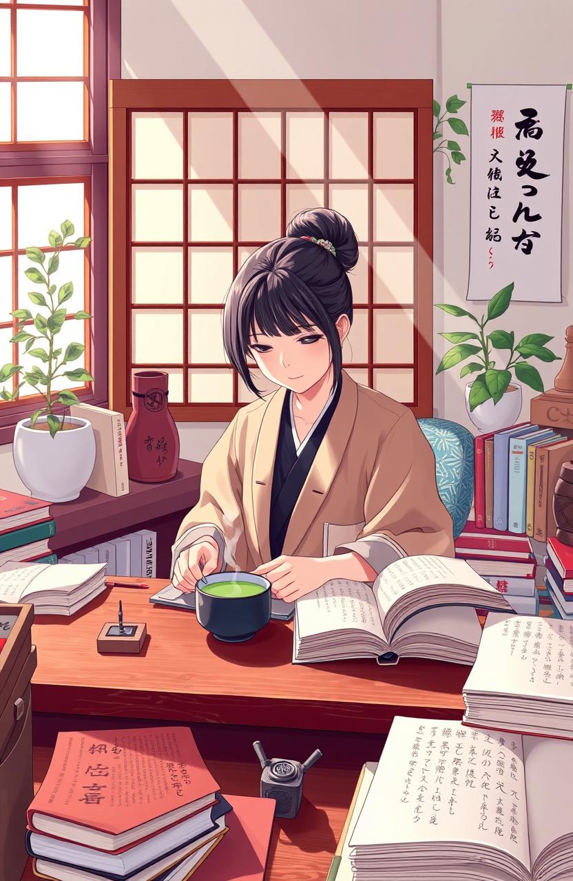 A vibrant and engaging scene depicting a cozy Japanese study environment filled with books, scrolls, and traditional artifacts