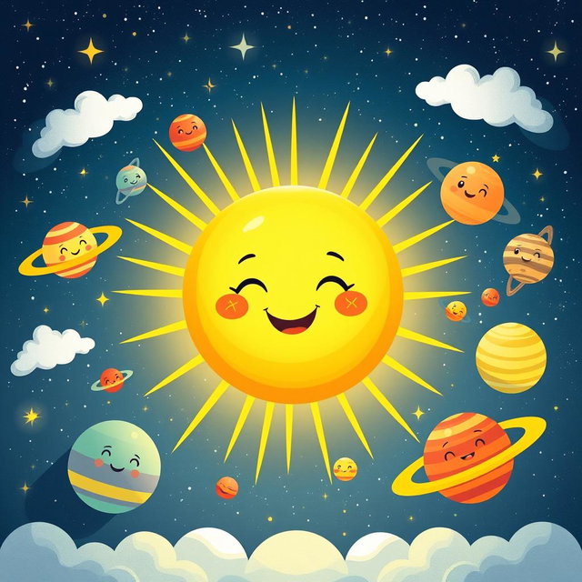 A whimsical illustration of a giant sun in the center of a colorful solar system, surrounded by playful planets of various sizes and vibrant colors, with cute features like smiling faces or cartoonish eyes