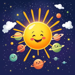 A whimsical illustration of a giant sun in the center of a colorful solar system, surrounded by playful planets of various sizes and vibrant colors, with cute features like smiling faces or cartoonish eyes