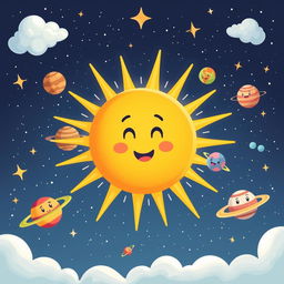 A whimsical illustration of a giant sun in the center of a colorful solar system, surrounded by playful planets of various sizes and vibrant colors, with cute features like smiling faces or cartoonish eyes