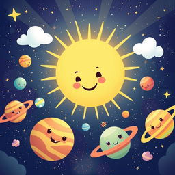 A whimsical illustration of a giant sun in the center of a colorful solar system, surrounded by playful planets of various sizes and vibrant colors, with cute features like smiling faces or cartoonish eyes