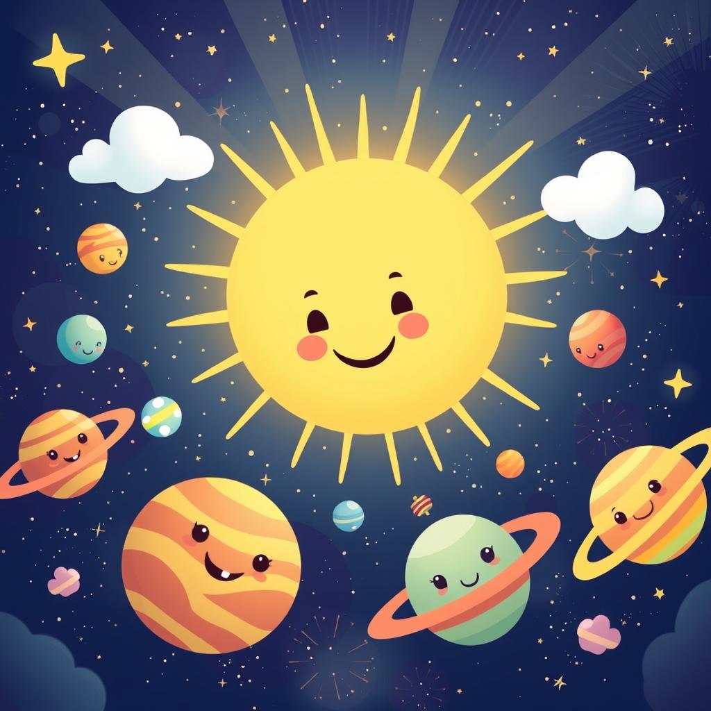 A whimsical illustration of a giant sun in the center of a colorful solar system, surrounded by playful planets of various sizes and vibrant colors, with cute features like smiling faces or cartoonish eyes