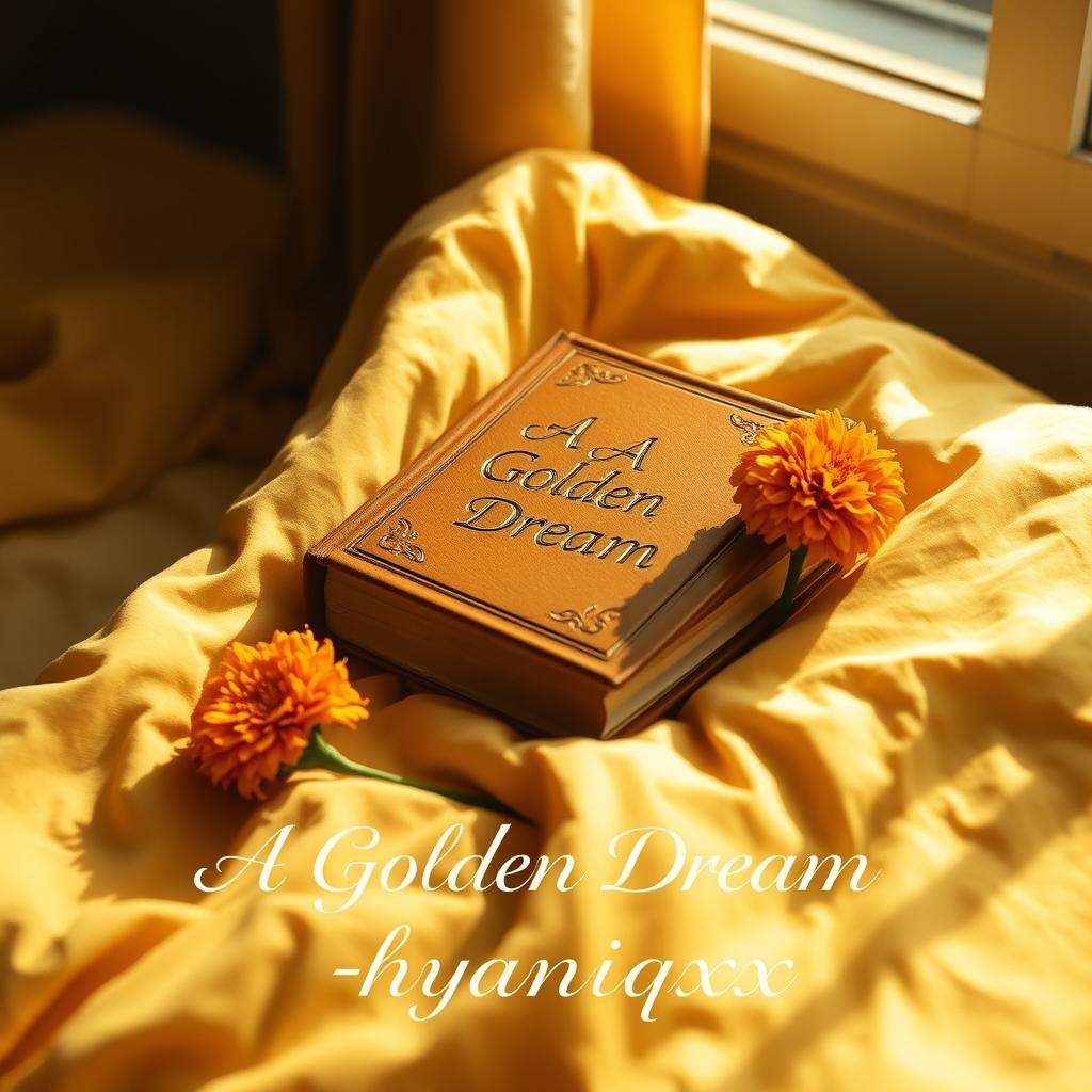 A stunning Wattpad book cover featuring an elegant diary resting on top of a soft yellow blanket on a cozy bed