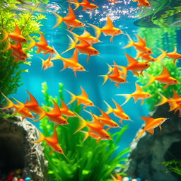 A vibrant and colorful aquarium scene featuring a school of swordtail fish swimming gracefully, displaying their long, flowing tails