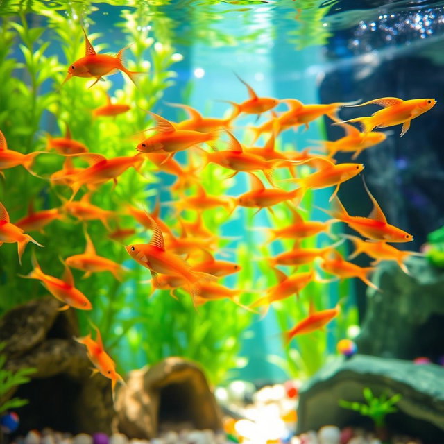 A vibrant and colorful aquarium scene featuring a school of swordtail fish swimming gracefully, displaying their long, flowing tails