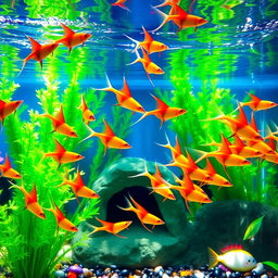 A vibrant and colorful aquarium scene featuring a school of swordtail fish swimming gracefully, displaying their long, flowing tails