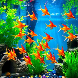 A vibrant and colorful aquarium scene featuring a school of swordtail fish swimming gracefully, displaying their long, flowing tails
