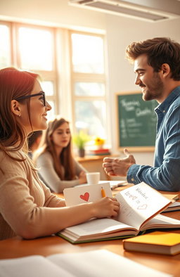 A romantic scene depicting a college classroom where a curious student gazes at her charming professor, who is passionately explaining a subject at the front of the class