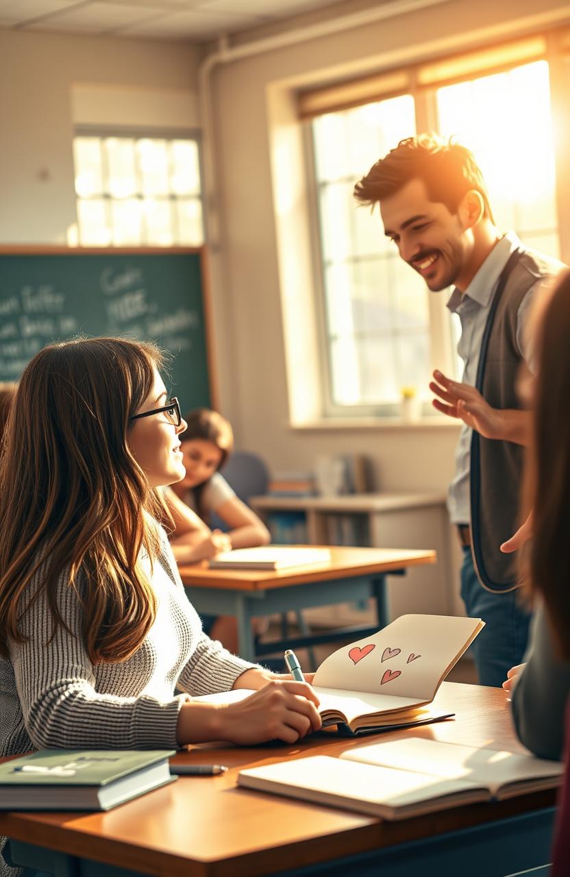 A romantic scene depicting a college classroom where a curious student gazes at her charming professor, who is passionately explaining a subject at the front of the class