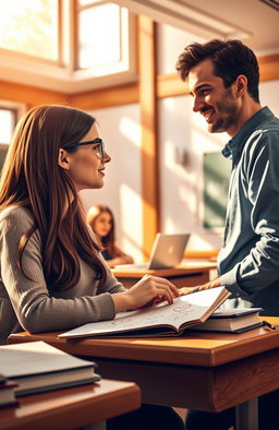 A romantic scene depicting a college classroom where a curious student gazes at her charming professor, who is passionately explaining a subject at the front of the class
