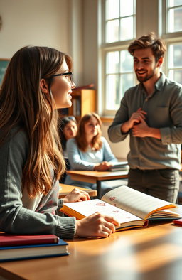 A romantic scene depicting a college classroom where a curious student gazes at her charming professor, who is passionately explaining a subject at the front of the class