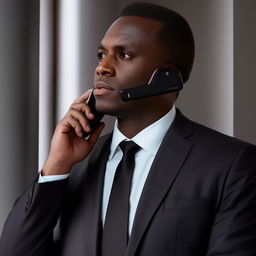 A well-dressed man in a stylish suit engrossed in a phone call, with a serious expression on his face.