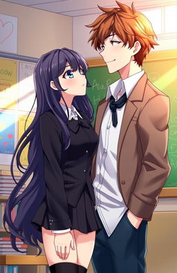 A romantic anime scene depicting a female student with long, wavy black hair and sparkling blue eyes, wearing a stylish school uniform, gazing up at her charming male professor who has tousled brown hair and a warm smile