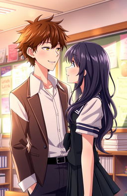 A romantic anime scene depicting a female student with long, wavy black hair and sparkling blue eyes, wearing a stylish school uniform, gazing up at her charming male professor who has tousled brown hair and a warm smile